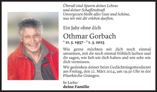 Todesanzeige von Othmar Gorbach von Vorarlberger Nachrichten