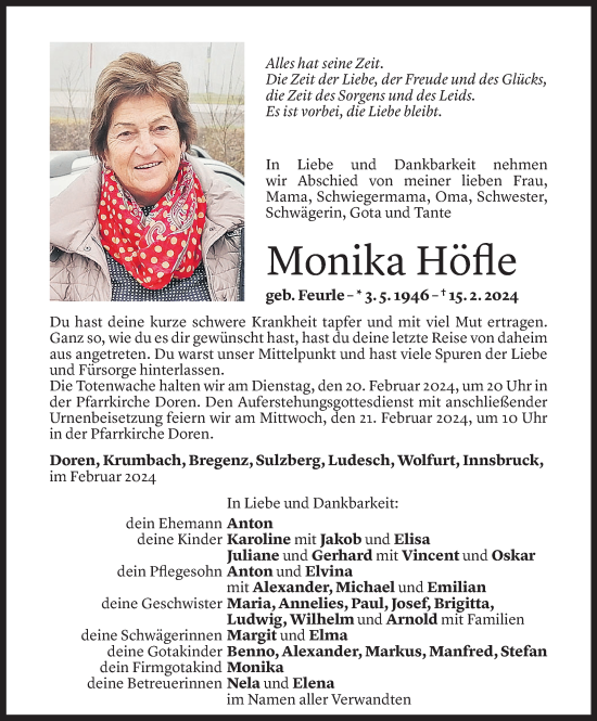 Todesanzeige von Monika Höfle von Vorarlberger Nachrichten