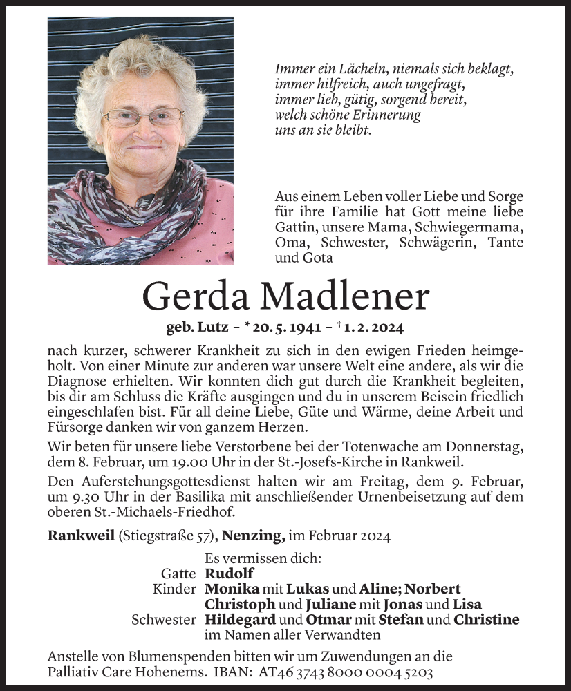 Todesanzeige für Gerda Madlener vom 06.02.2024 aus Vorarlberger Nachrichten