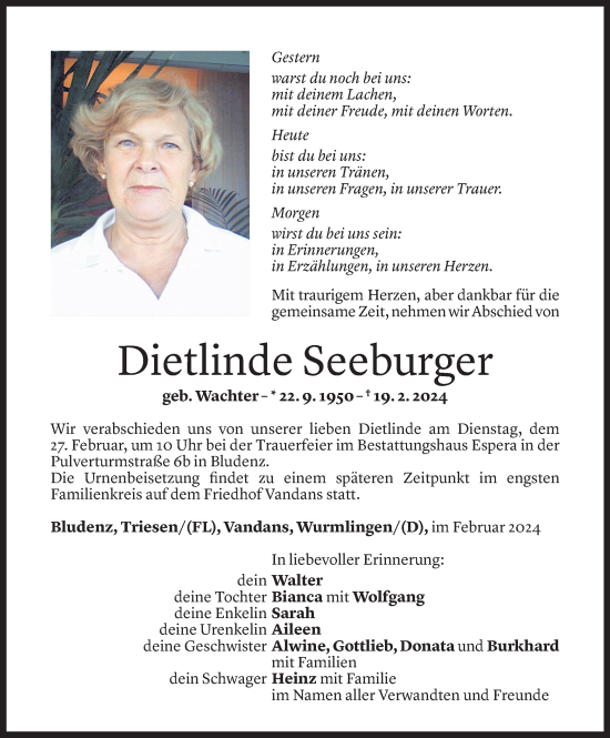 Todesanzeige von Dietlinde Seeburger von Vorarlberger Nachrichten