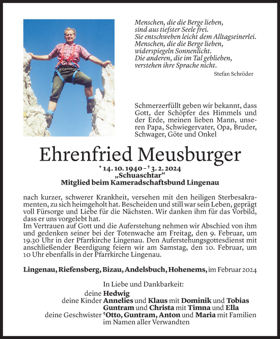 Todesanzeige von Ehrenfried Meusburger von Vorarlberger Nachrichten
