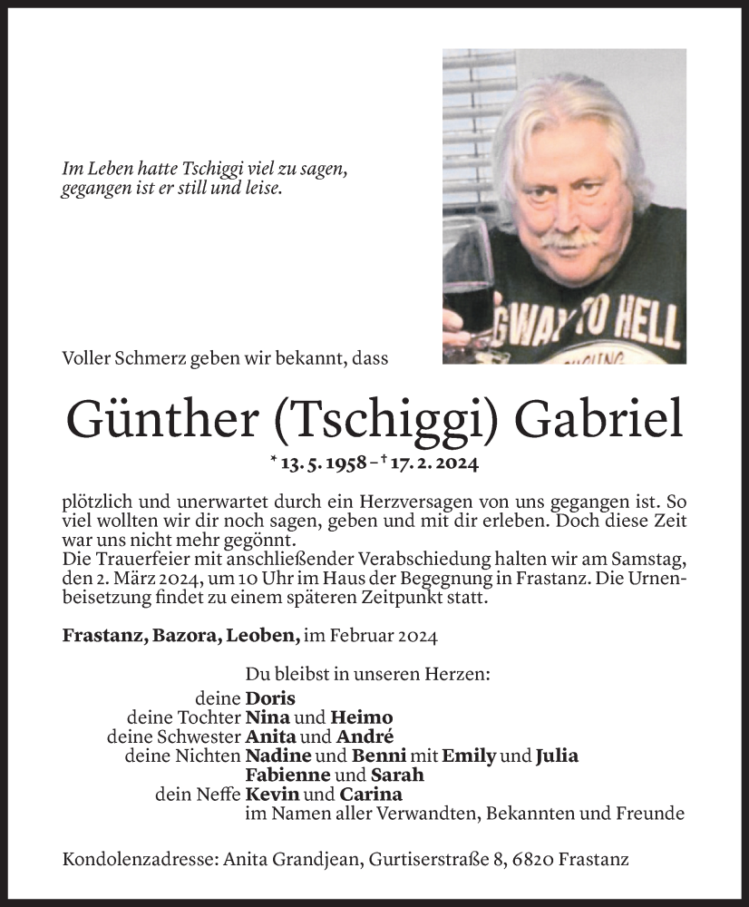  Todesanzeige für Günther Gabriel vom 27.02.2024 aus Vorarlberger Nachrichten