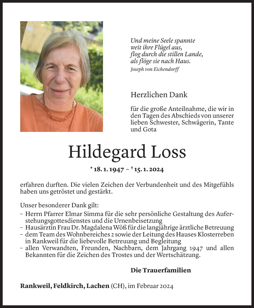  Todesanzeige für Hildegard Loss vom 10.02.2024 aus Vorarlberger Nachrichten