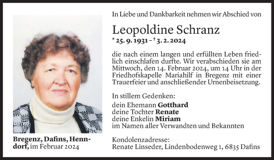 Todesanzeige von Leopoldine Schranz von Vorarlberger Nachrichten
