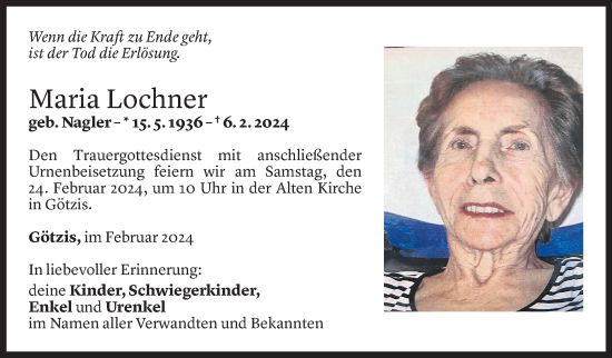 Todesanzeige von Maria Lochner von Vorarlberger Nachrichten
