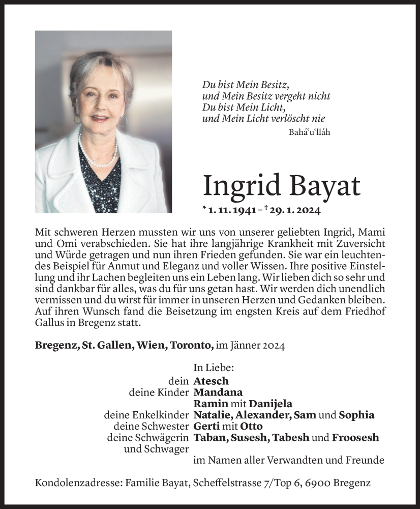  Todesanzeige für Ingrid Bayat vom 10.02.2024 aus Vorarlberger Nachrichten