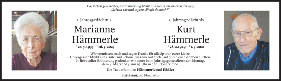 Todesanzeige von Marianne Hämmerle von Vorarlberger Nachrichten