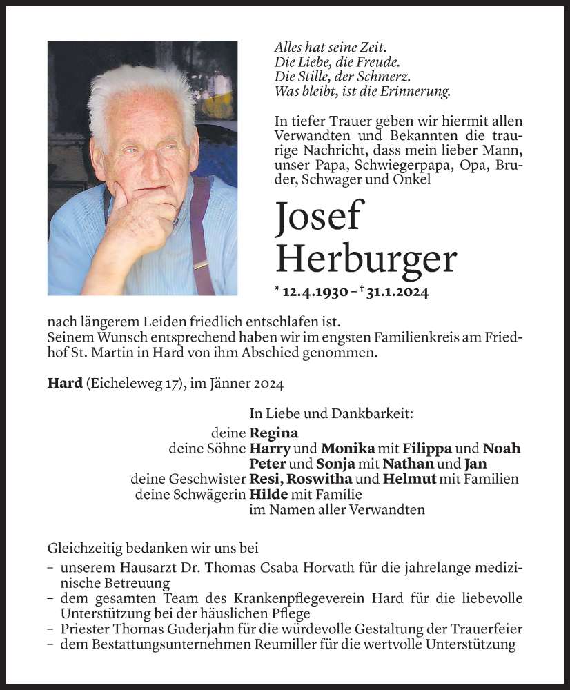 Todesanzeige für Josef Herburger vom 10.02.2024 aus Vorarlberger Nachrichten