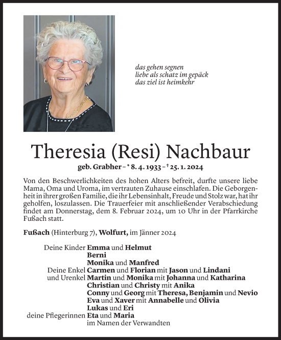 Todesanzeige von Theresia Nachbaur von Vorarlberger Nachrichten