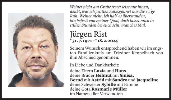 Todesanzeige von Jürgen Rist von Vorarlberger Nachrichten