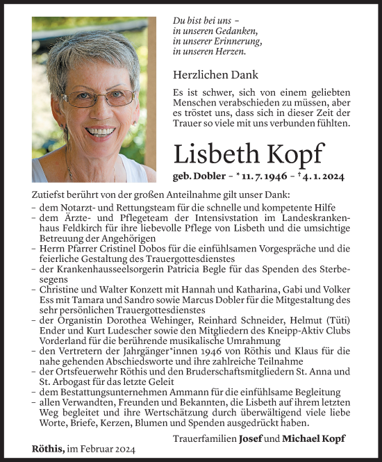 Todesanzeige von Lisbeth Kopf von Vorarlberger Nachrichten
