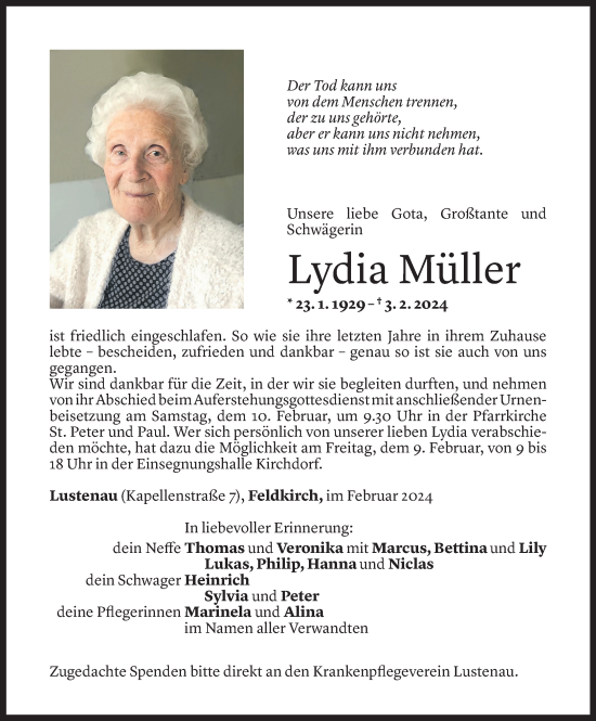 Todesanzeige von Lydia Müller von Vorarlberger Nachrichten