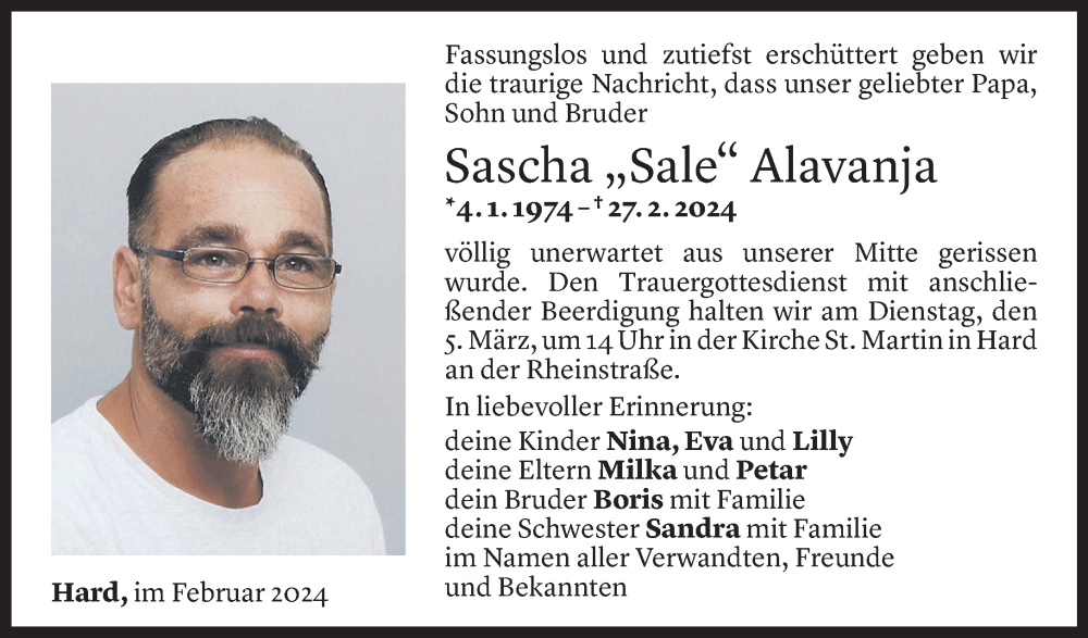  Todesanzeige für Sascha Alavanja vom 01.03.2024 aus Vorarlberger Nachrichten