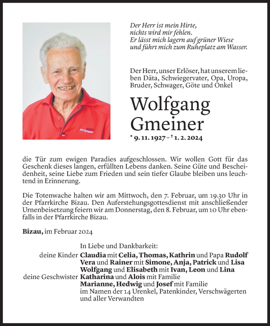 Todesanzeige von Wolfgang Gmeiner von Vorarlberger Nachrichten