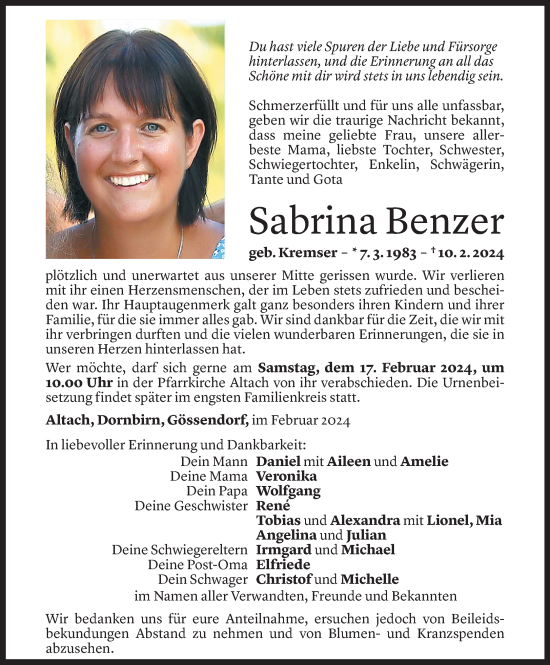Todesanzeige von Sabrina Benzer von Vorarlberger Nachrichten