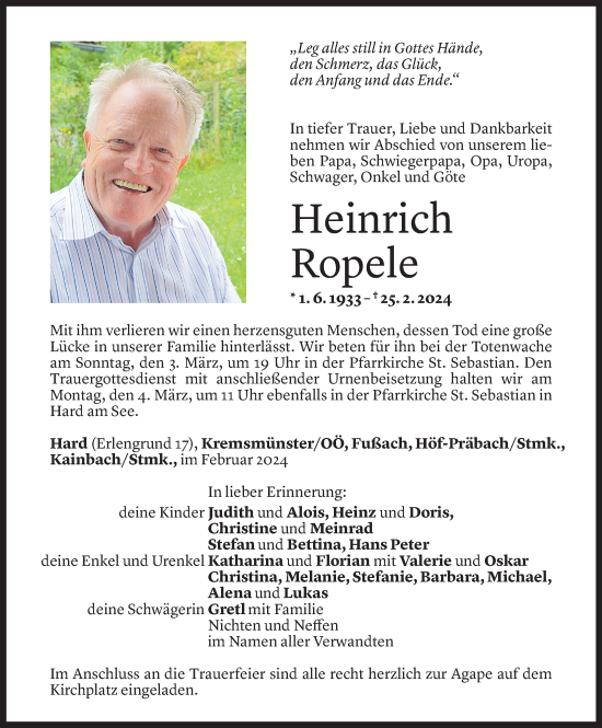Todesanzeige von Heinrich Ropele von Vorarlberger Nachrichten