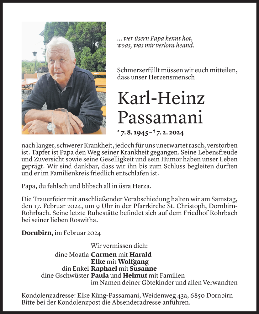  Todesanzeige für Karl-Heinz Passamani vom 10.02.2024 aus Vorarlberger Nachrichten