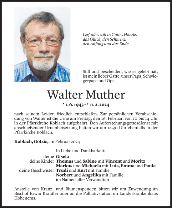 Todesanzeige von Walter Muther von Vorarlberger Nachrichten