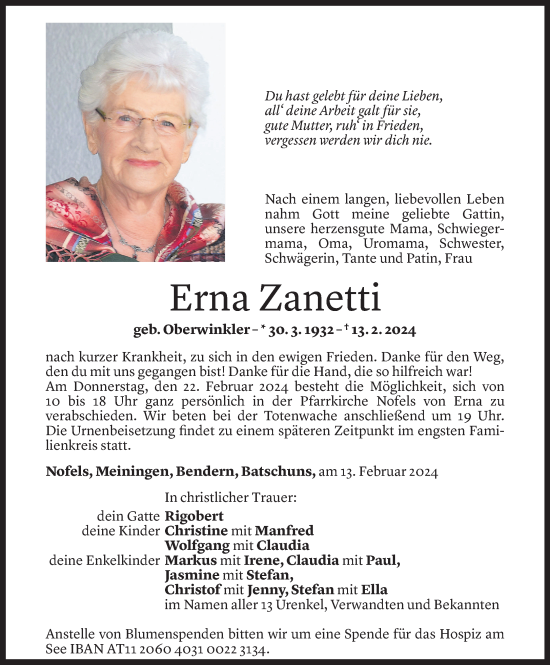 Todesanzeige von Erna Zanetti von Vorarlberger Nachrichten
