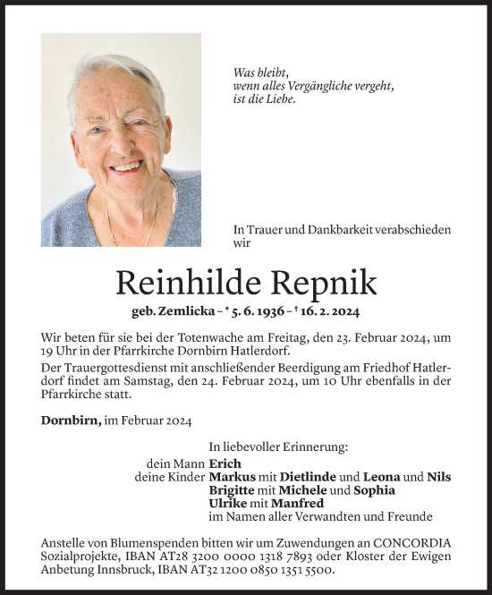 Todesanzeige von Reinhilde Repnik von Vorarlberger Nachrichten