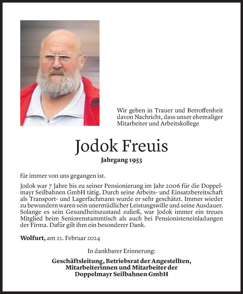  Todesanzeige für Dokus Freuis vom 22.02.2024 aus Vorarlberger Nachrichten
