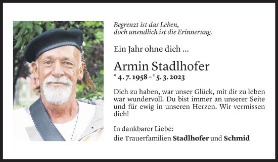 Todesanzeige von Armin Stadlhofer von Vorarlberger Nachrichten