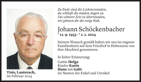 Todesanzeige von Johann Schöckenbacher von Vorarlberger Nachrichten