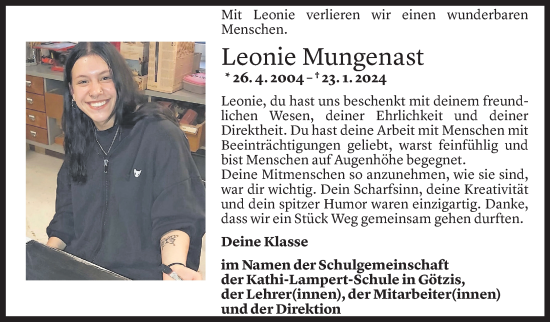 Todesanzeige von Leonie Mungenast von Vorarlberger Nachrichten