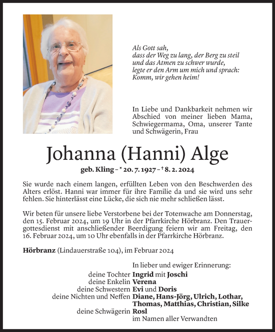 Todesanzeige von Johanna Alge von Vorarlberger Nachrichten