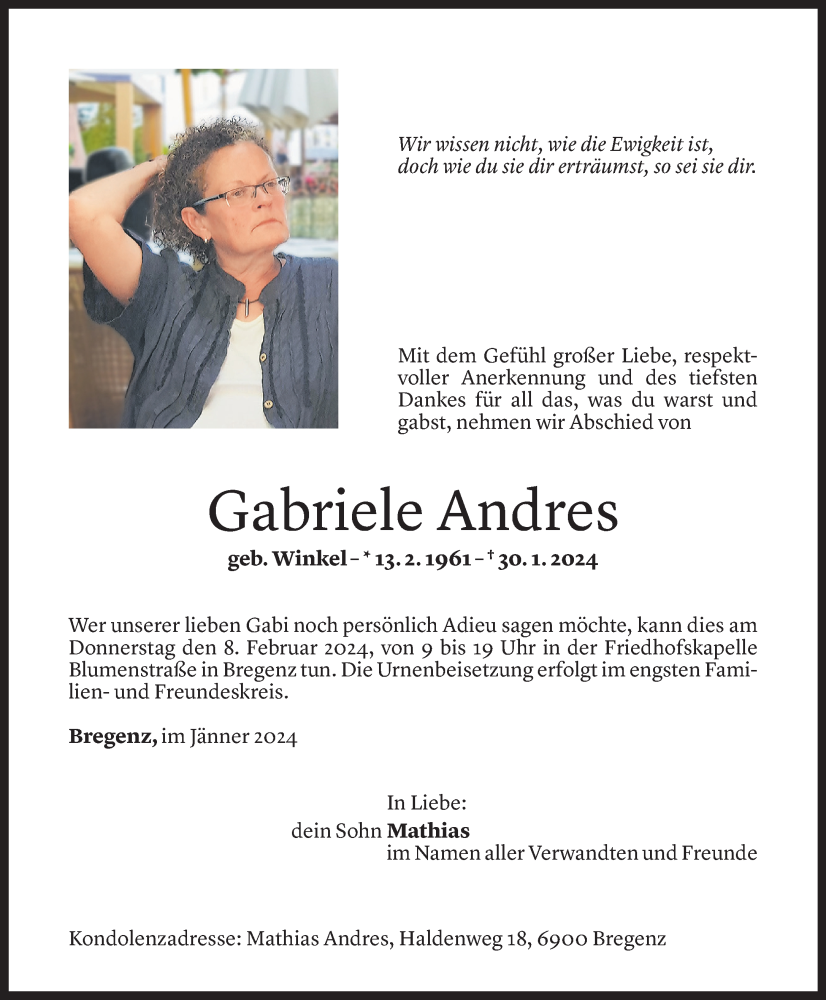  Todesanzeige für Gabriele Andres vom 06.02.2024 aus Vorarlberger Nachrichten