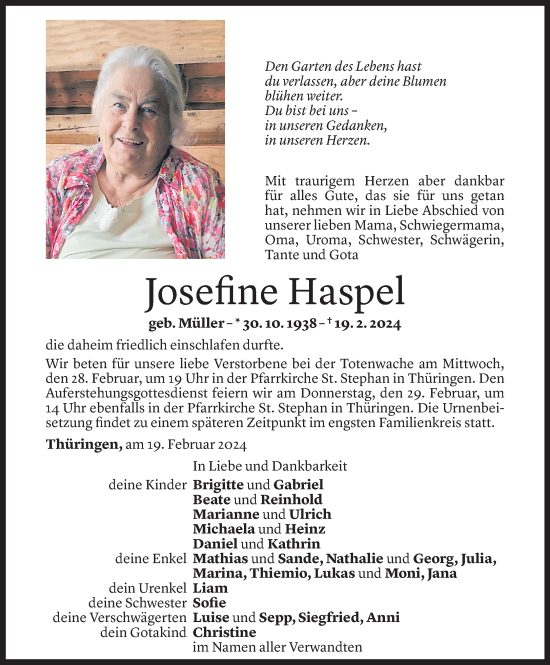 Todesanzeige von Josefine Haspel von Vorarlberger Nachrichten