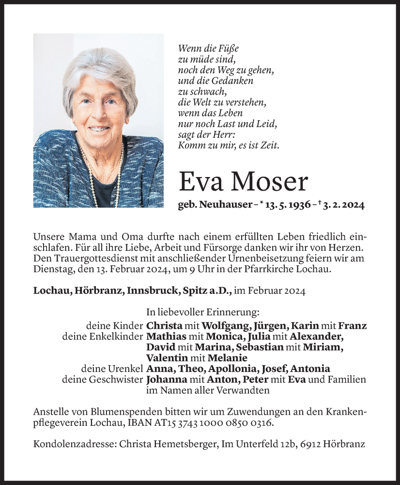  Todesanzeige für Eva Moser vom 09.02.2024 aus Vorarlberger Nachrichten