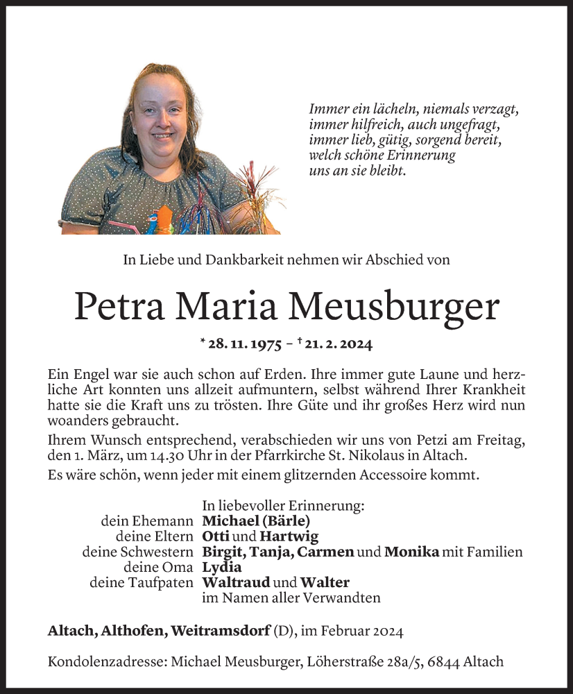  Todesanzeige für Petra Maria Meusburger vom 27.02.2024 aus Vorarlberger Nachrichten
