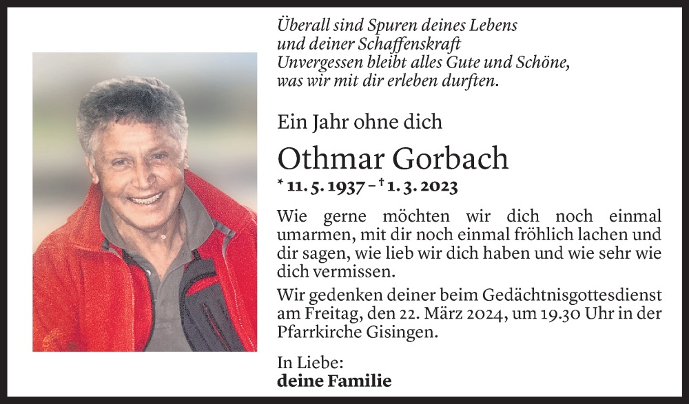  Todesanzeige für Othmar Gorbach vom 01.03.2024 aus Vorarlberger Nachrichten