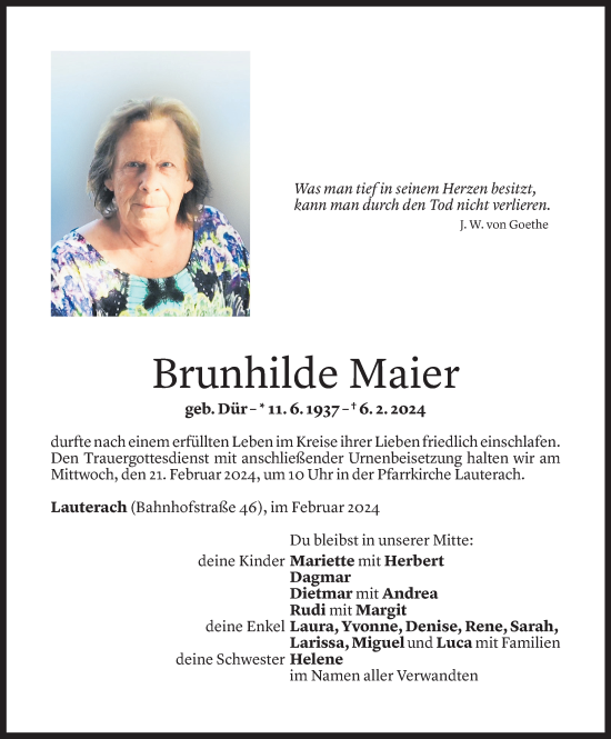Todesanzeige von Brunhilde Maier von Vorarlberger Nachrichten