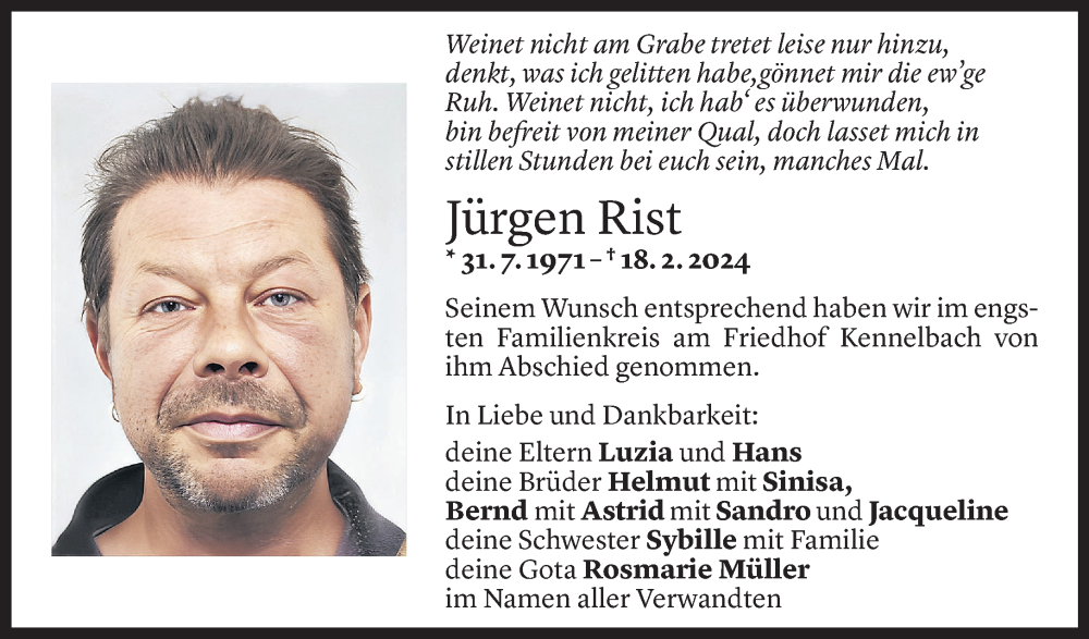  Todesanzeige für Jürgen Rist vom 28.02.2024 aus Vorarlberger Nachrichten