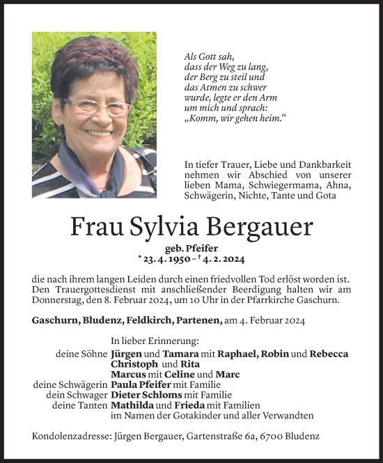 Todesanzeige von Sylvia Bergauer von Vorarlberger Nachrichten
