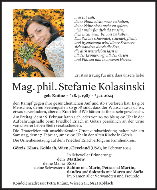 Todesanzeige von Stefanie Kolasinski von Vorarlberger Nachrichten