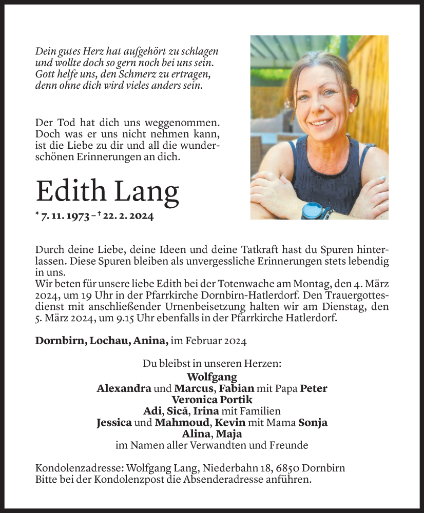  Todesanzeige für Edith Lang vom 29.02.2024 aus Vorarlberger Nachrichten