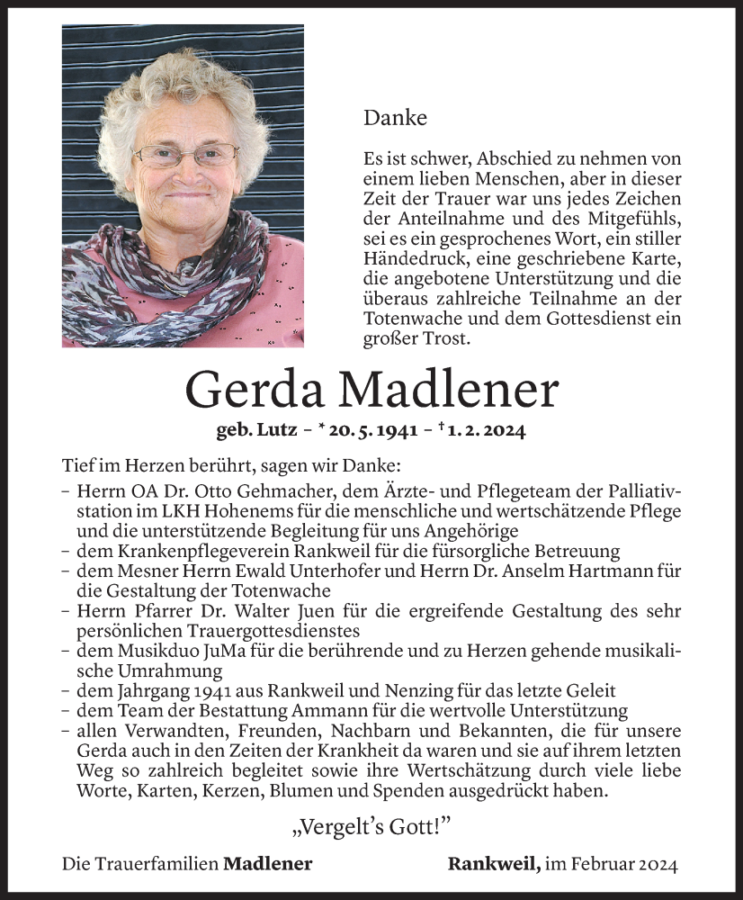  Todesanzeige für Gerda Madlener vom 23.02.2024 aus Vorarlberger Nachrichten