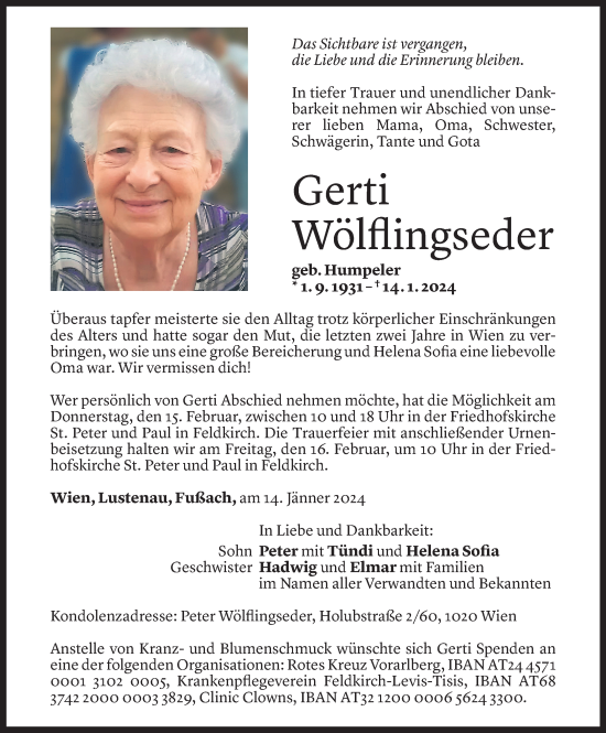 Todesanzeige von Gerti Wölflingseder von Vorarlberger Nachrichten