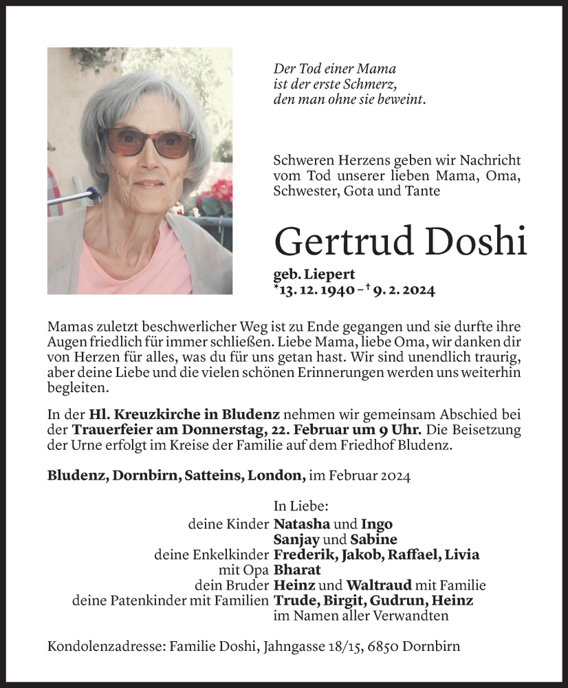  Todesanzeige für Gertrud Doshi vom 15.02.2024 aus Vorarlberger Nachrichten