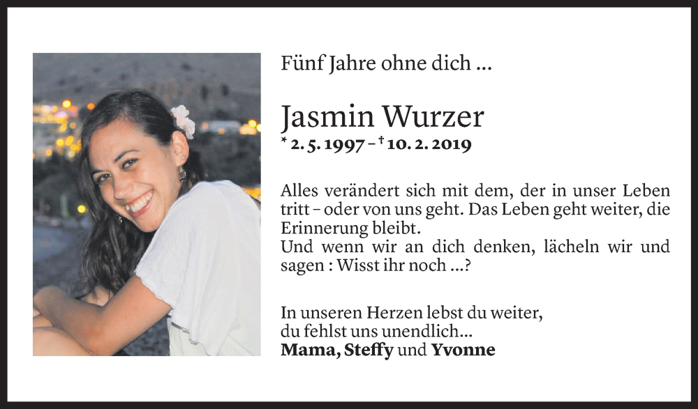  Todesanzeige für Jasmin Wurzer vom 09.02.2024 aus Vorarlberger Nachrichten