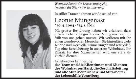 Todesanzeige von Leonie Mungenast von Vorarlberger Nachrichten