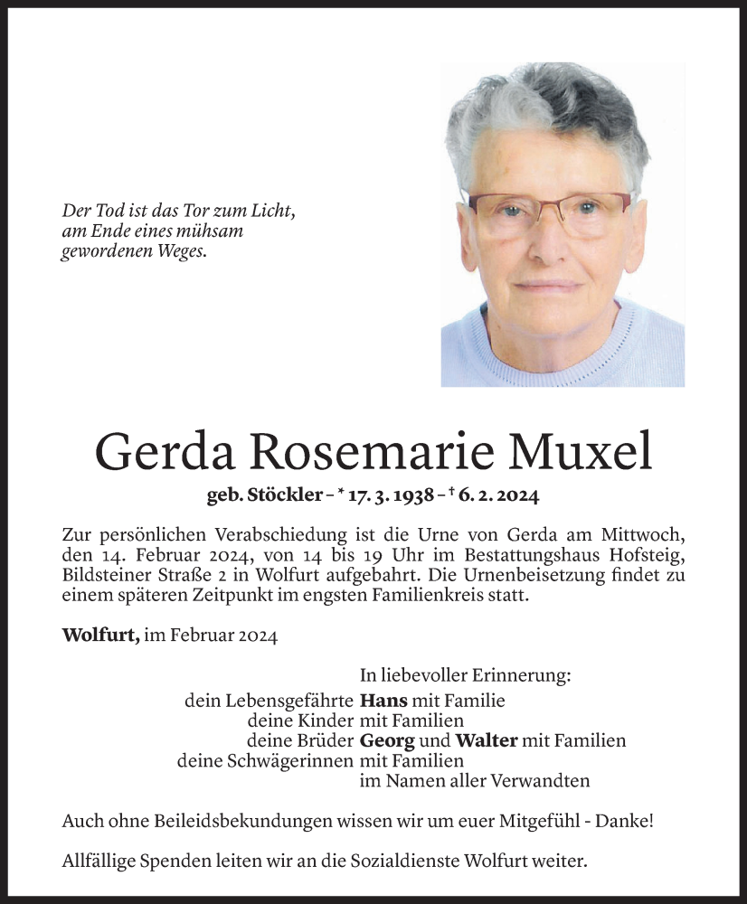 Todesanzeige für Gerda Muxel vom 09.02.2024 aus Vorarlberger Nachrichten