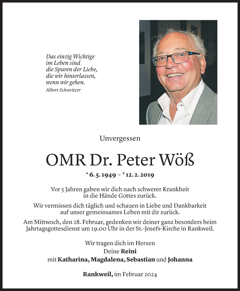  Todesanzeige für Peter Wöß vom 11.02.2024 aus Vorarlberger Nachrichten