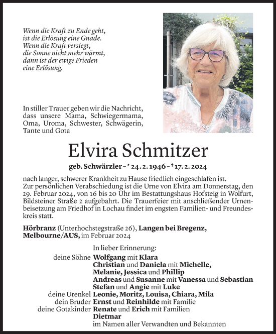 Todesanzeige von Elvira Schmitzer von Vorarlberger Nachrichten