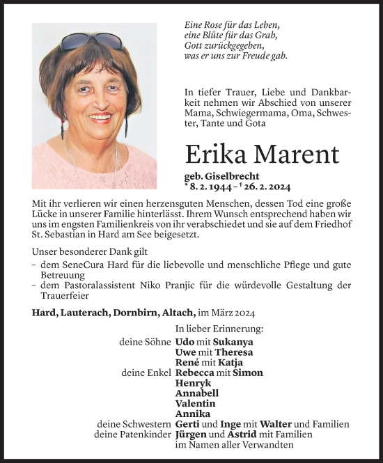 Todesanzeige von Erika Marent von Vorarlberger Nachrichten