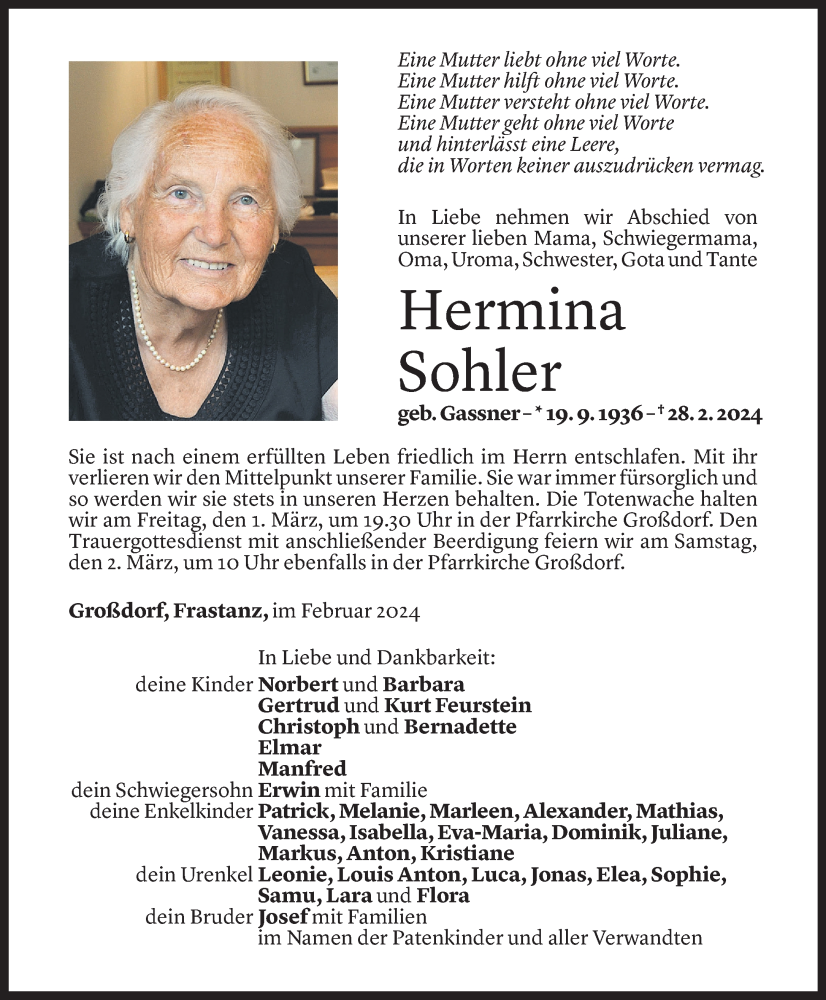  Todesanzeige für Hermina Sohler vom 29.02.2024 aus Vorarlberger Nachrichten