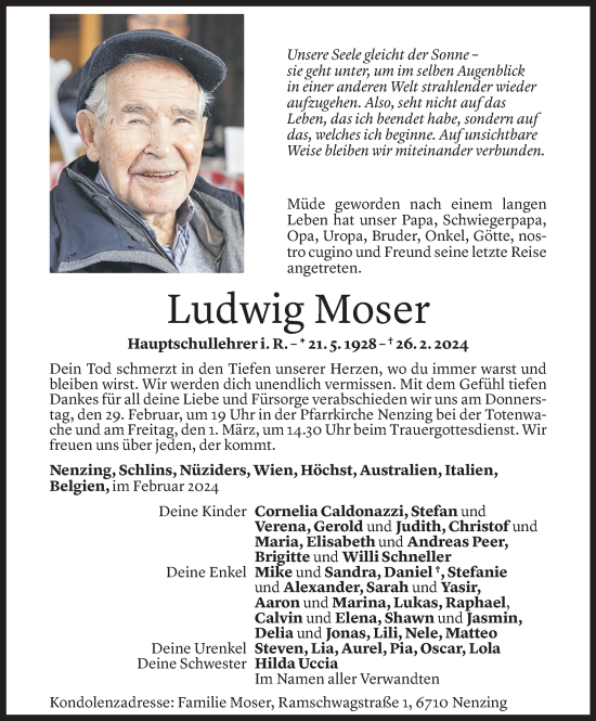 Todesanzeige von Ludwig Moser von Vorarlberger Nachrichten